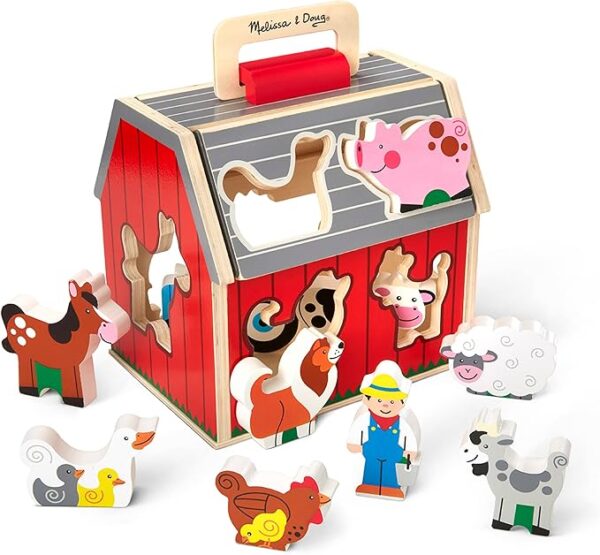 Melissa & Doug Wooden Take-Along Barn Toy with Flip-Up Roof and Handle, 10 Farm Play Pieces
