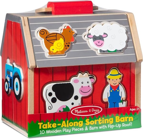 Melissa & Doug Wooden Take-Along Barn Toy with Flip-Up Roof and Handle, 10 Farm Play Pieces - Image 3