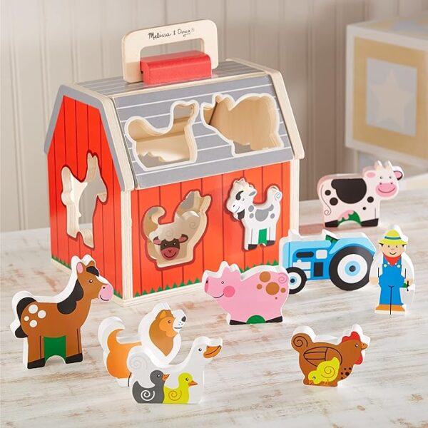 Melissa & Doug Wooden Take-Along Barn Toy with Flip-Up Roof and Handle, 10 Farm Play Pieces - Image 4